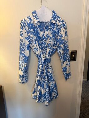 a new day Blue and White Floral Tie-Waist Long Sleeve Shirt Dress